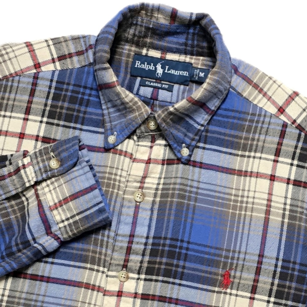 Vintage‎ Polo Ralph Lauren Mens Shirt Blue Plaid Flannel Size M Classic Fit Pony